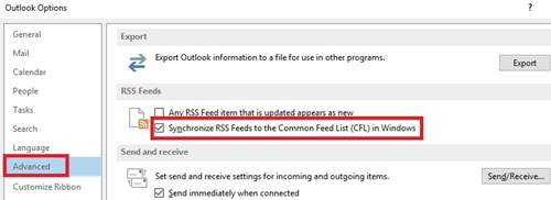 RSS 피드를 Windows의 CFL(공통 피드 목록)에 동기화