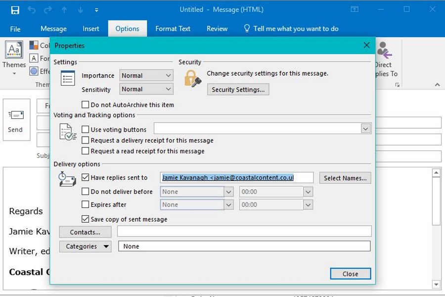 Outlook에서 전자 메일 메시지의 '회신' 주소를 변경하는 방법
